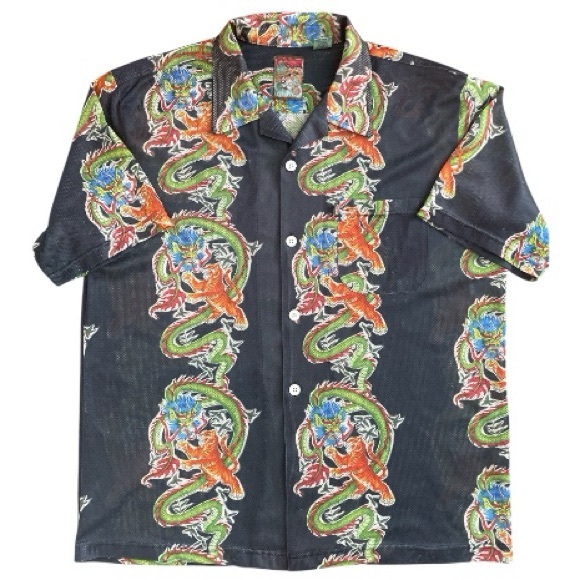Pineapple Connection Black Dragon/Tiger Print Button Front Casual Shirt - Picture 1 of 8